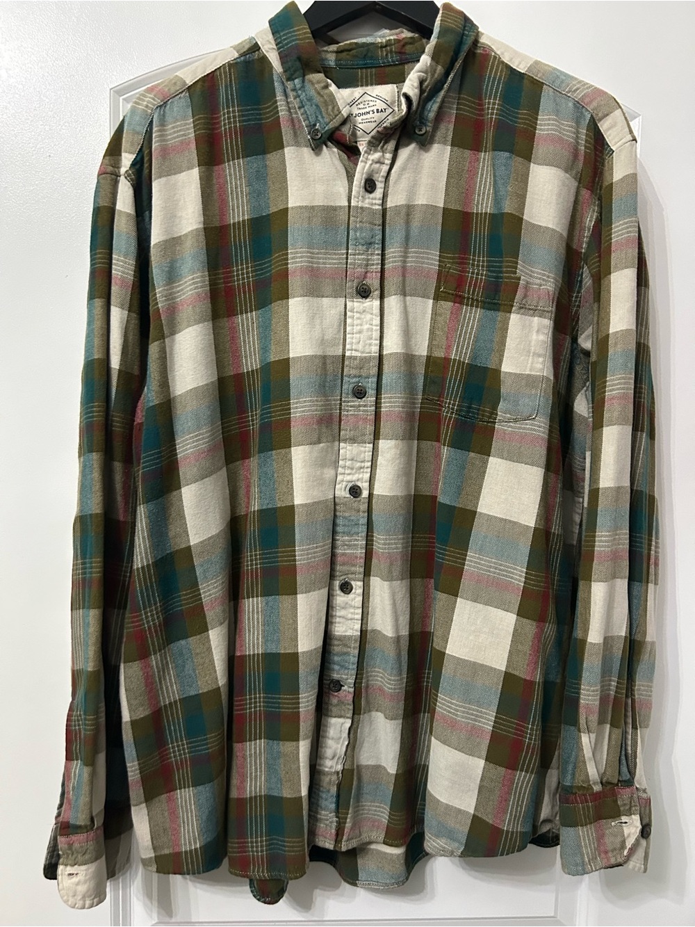 St. John's Bay Men's Plaid Button-Down Shirt in Green, Cream & Blue